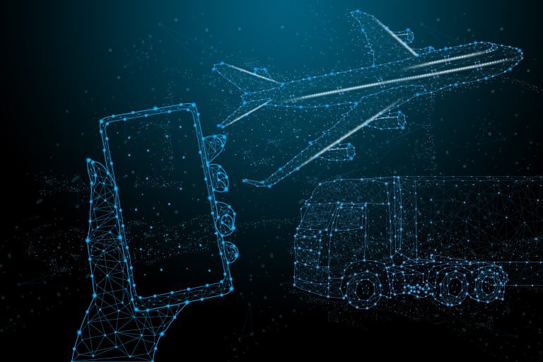 Hand holding smartphone,Futuristic abstract illuminate line and dot wireless connection and wave with triangle bright on blue background,mobile banking shopping online concept technology of future